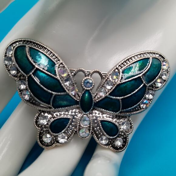 Vintage Enamel Butterfly Brooch, Metallic Teal, Aurora Borealis Rhinestones - Picture 3 of 9